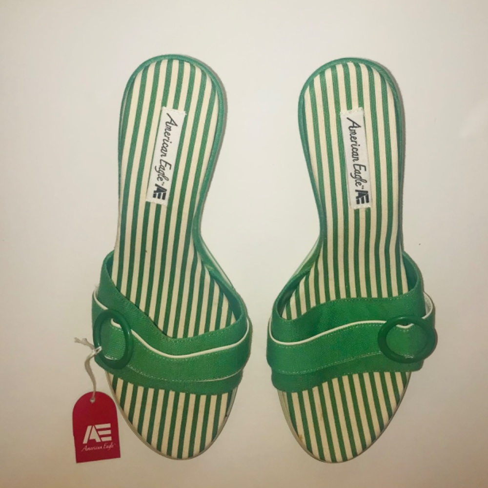NWT American Eagle Green & White Striped Platform Sandals Wedges Y2K/90s Size 10 - Picture 3 of 8
